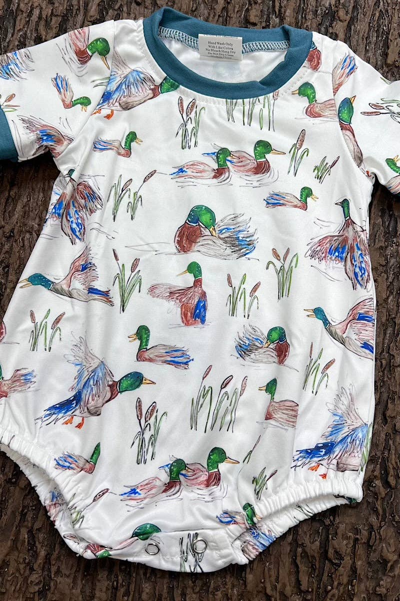 Mallard Duck printed baby bodysuit with snaps. SOL