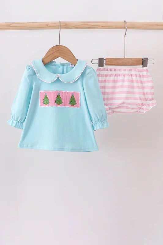 Blue christmas tree smocked bloomer set