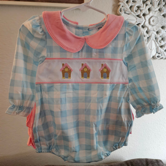 Blue gingerbread house embroidery ruffle gingham bubble