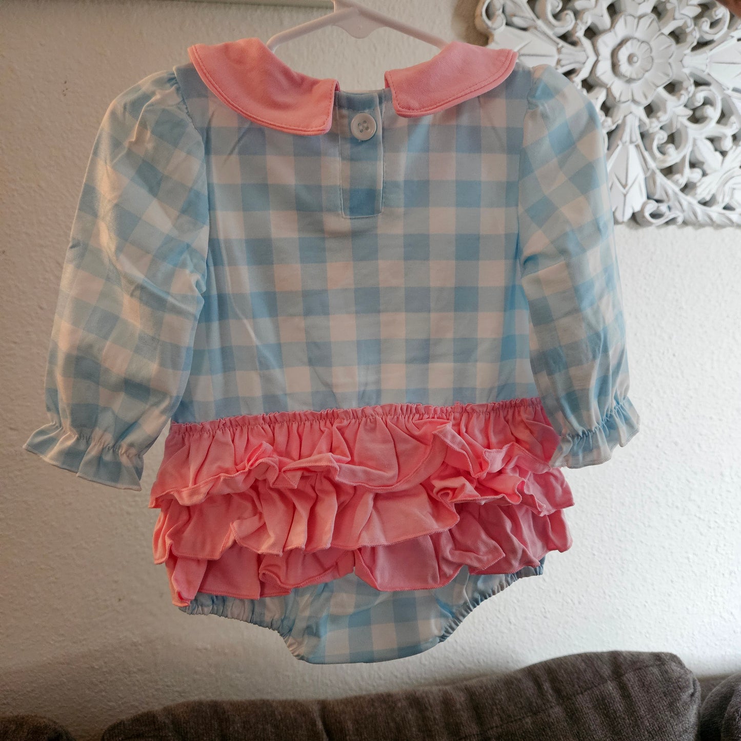Blue gingerbread house embroidery ruffle gingham bubble