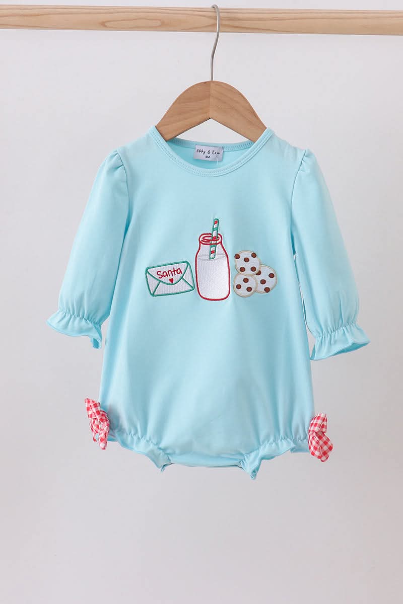 Blue cookie milk santa applique bow bubble