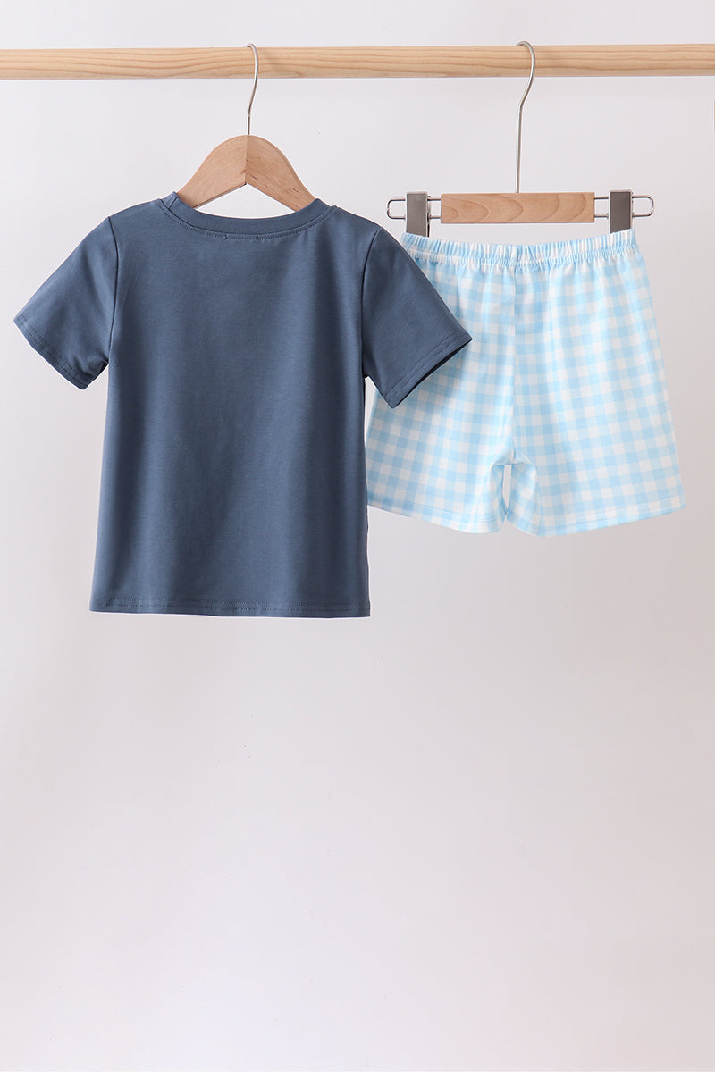 Blue Cow Plaid Embroidered Set