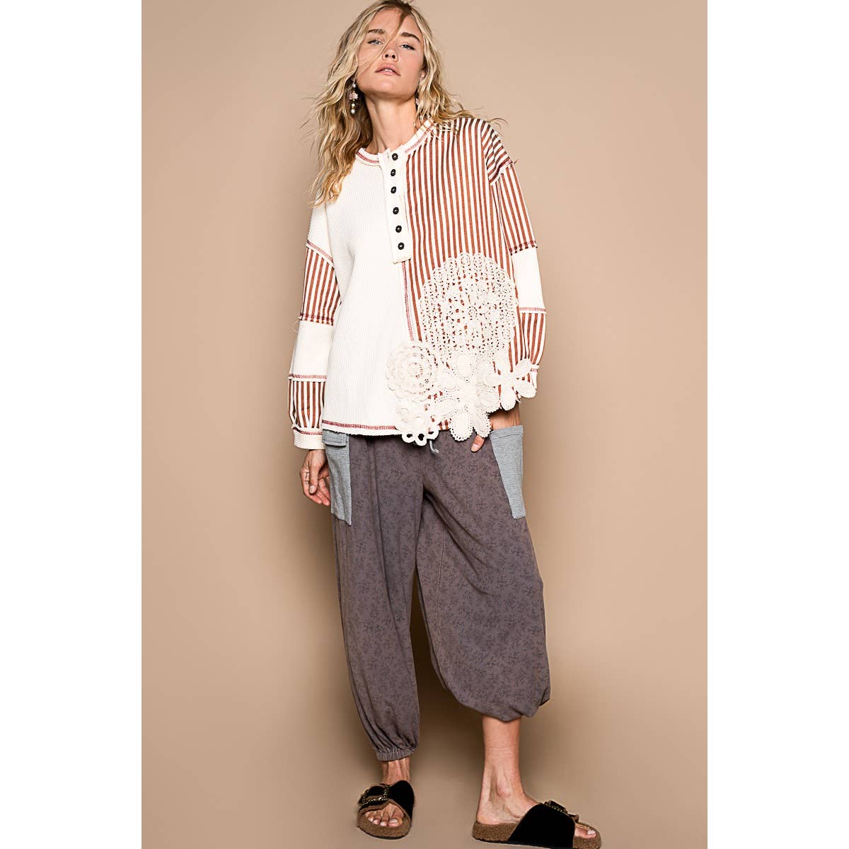 Floral print adjustable waist band jogger pants