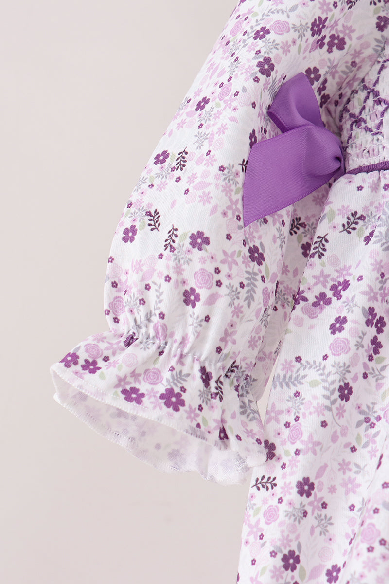 Purple floral smocked bow bubble