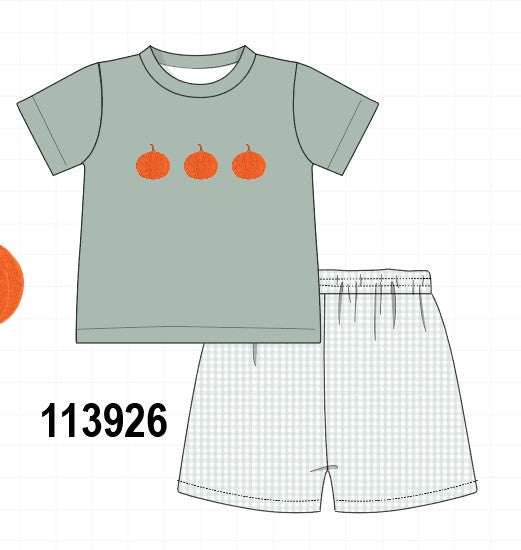 Sage pumpkin embroidery gingham shorts set