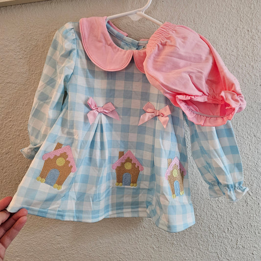 Blue gingerbread house embroidery ruffle gingham bloomer set