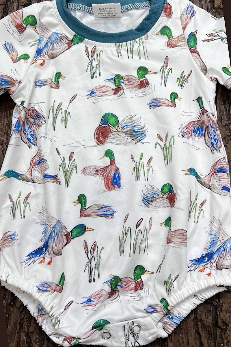 Mallard Duck printed baby bodysuit with snaps. SOL