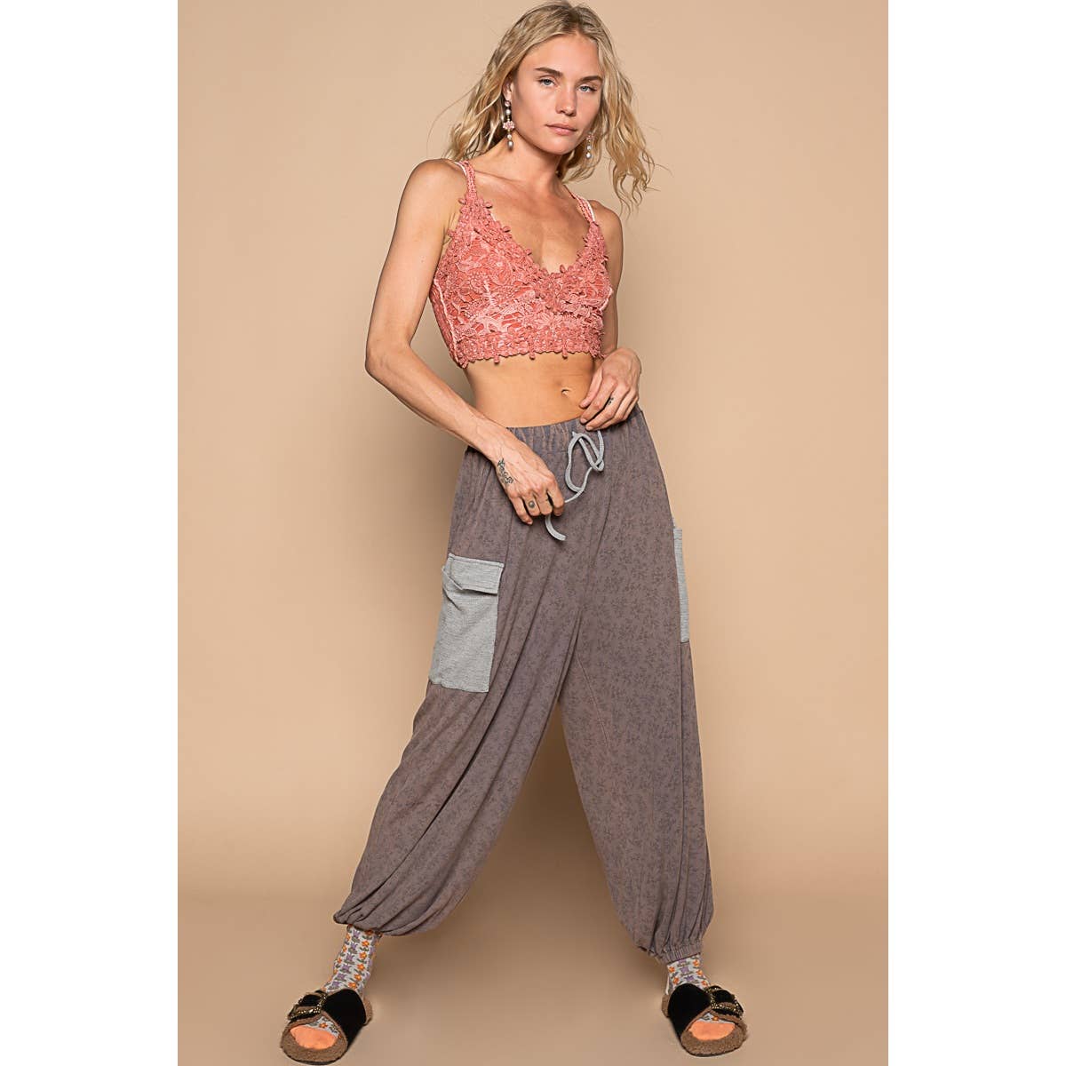 Floral print adjustable waist band jogger pants