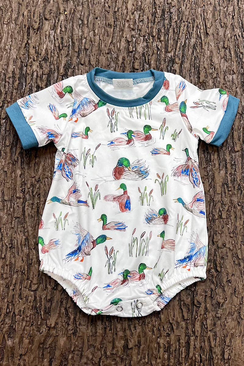 Mallard Duck printed baby bodysuit with snaps. SOL