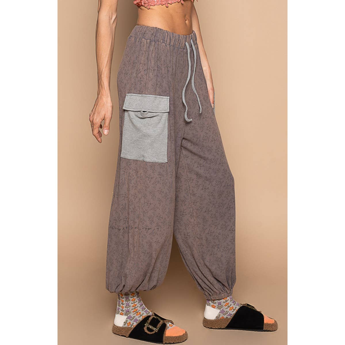 Floral print adjustable waist band jogger pants