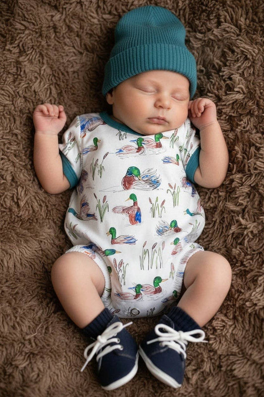Mallard Duck printed baby bodysuit with snaps. SOL