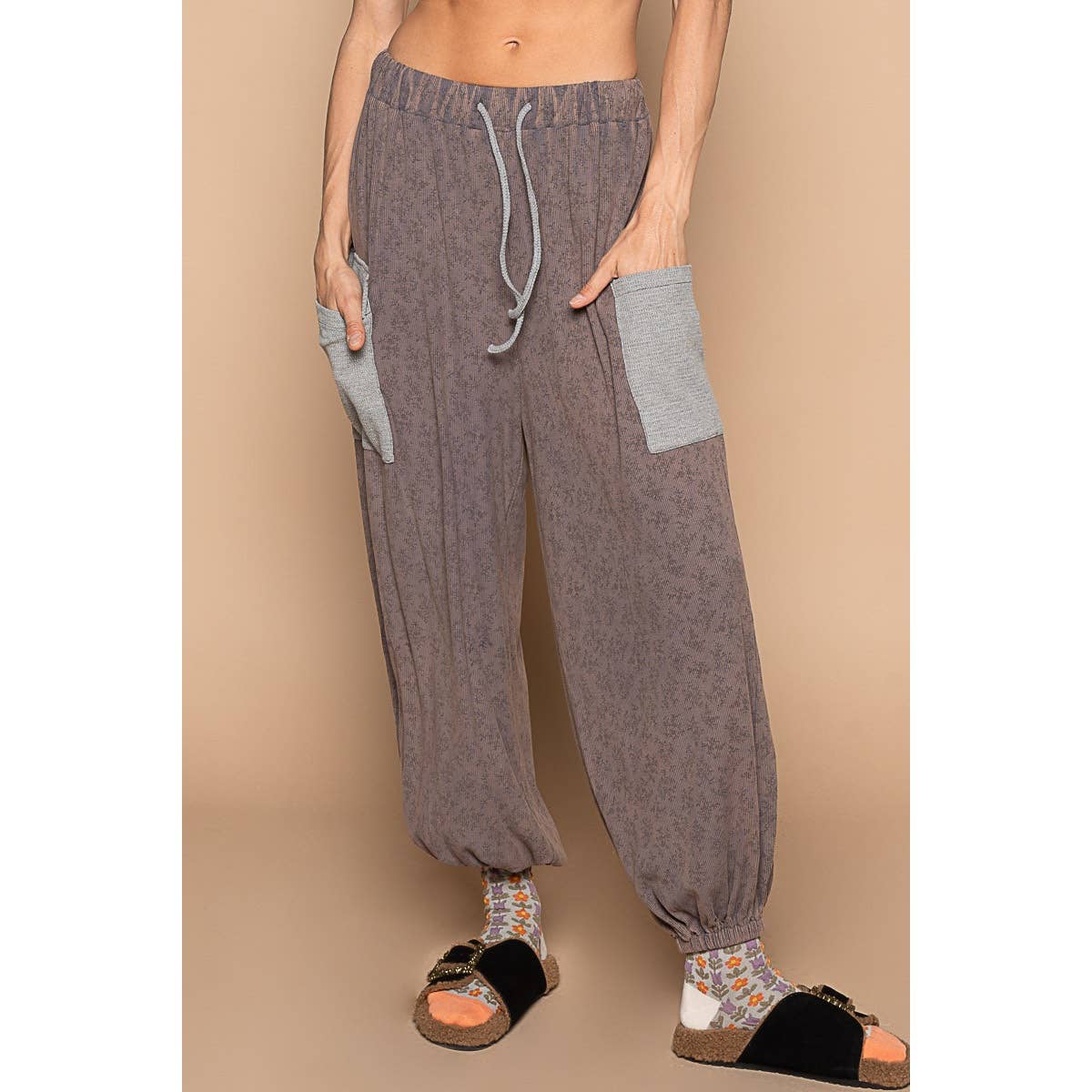 Floral print adjustable waist band jogger pants