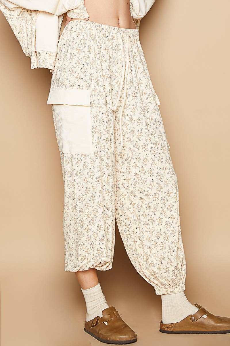 Floral print adjustable waist band jogger pants