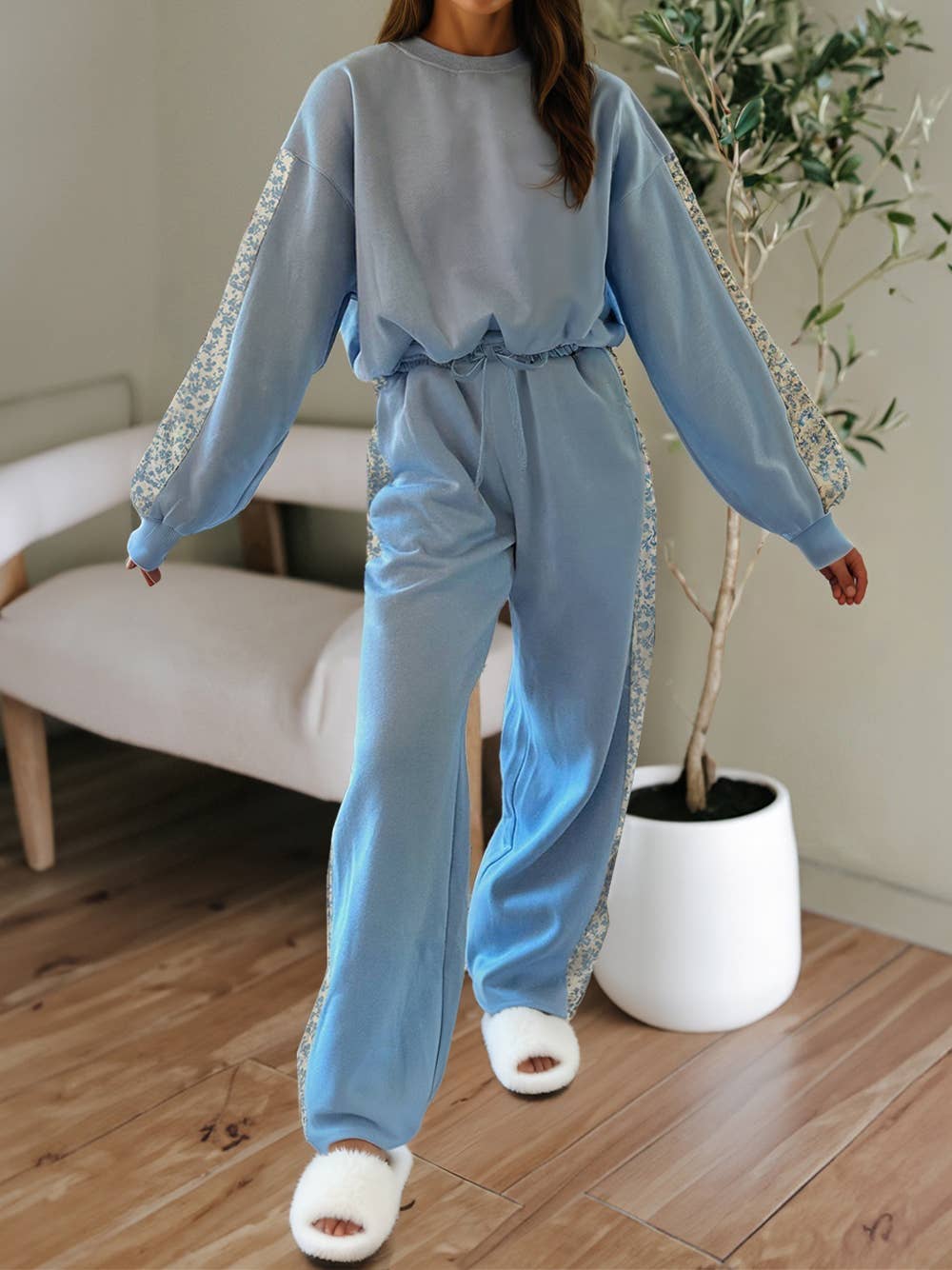Floral Patchwork Drop Shoulder Pullover and Sweatpants Loung