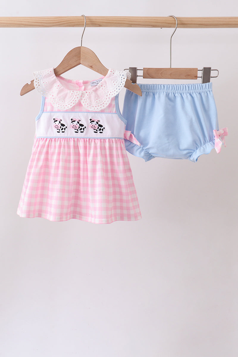 Pink Cow Plaid Embroidered Bloomer Set