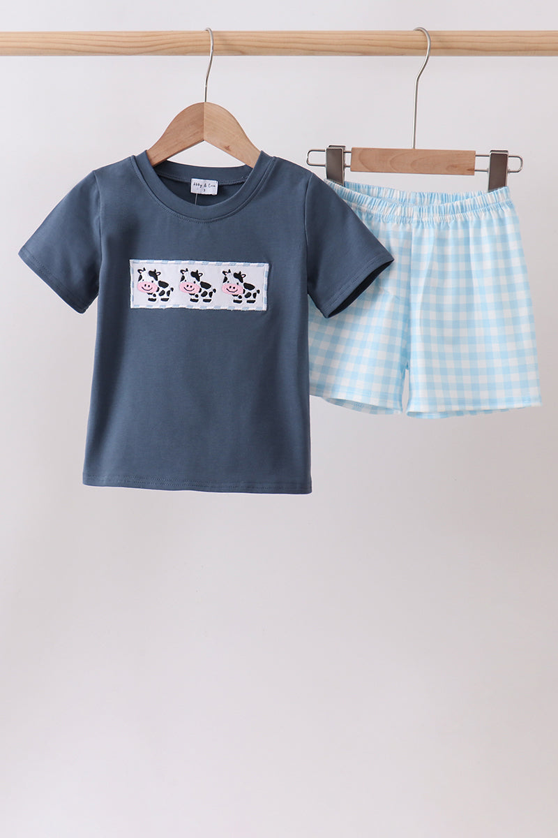 Blue Cow Plaid Embroidered Set