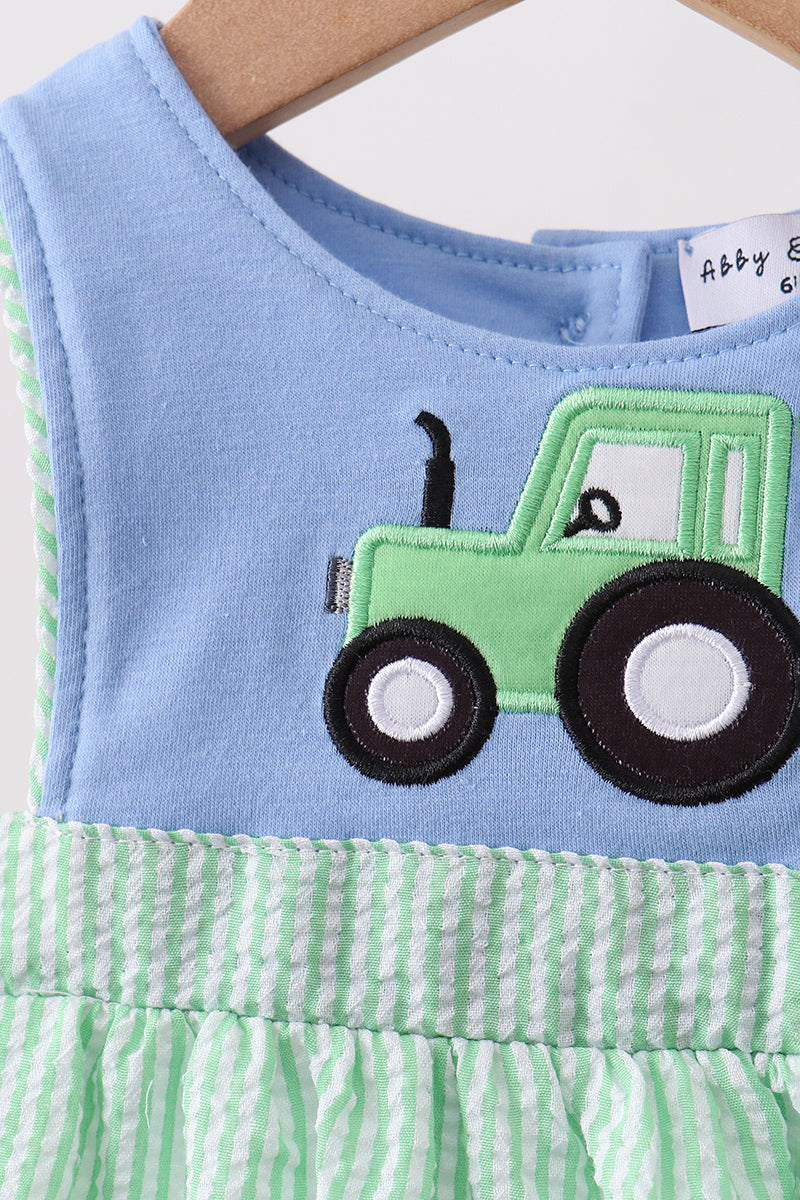 Blue Tractor Applique Seersucker Bubble