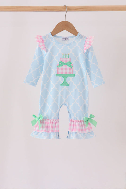 Blue birthday cake appilque ruffle romper