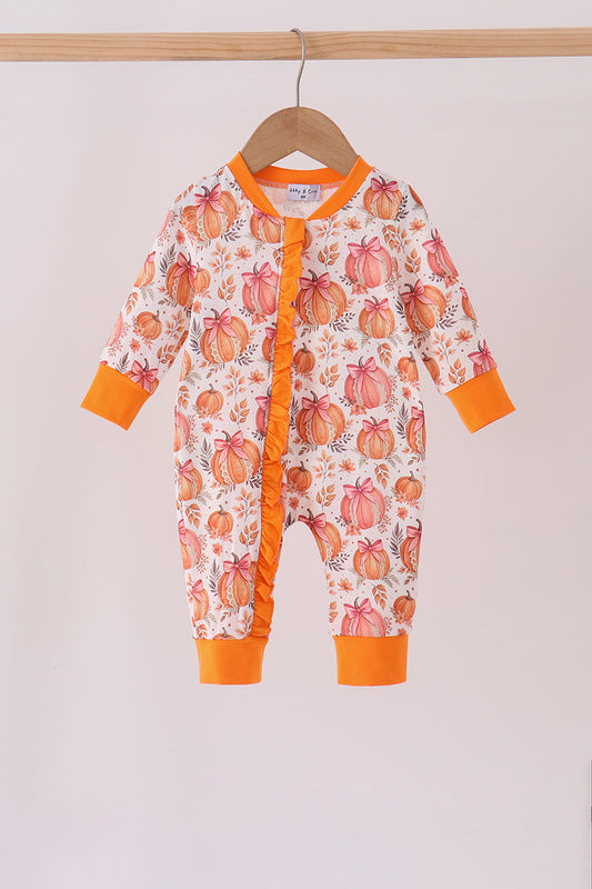 Orange Pumpkin Print Ruffle Romper