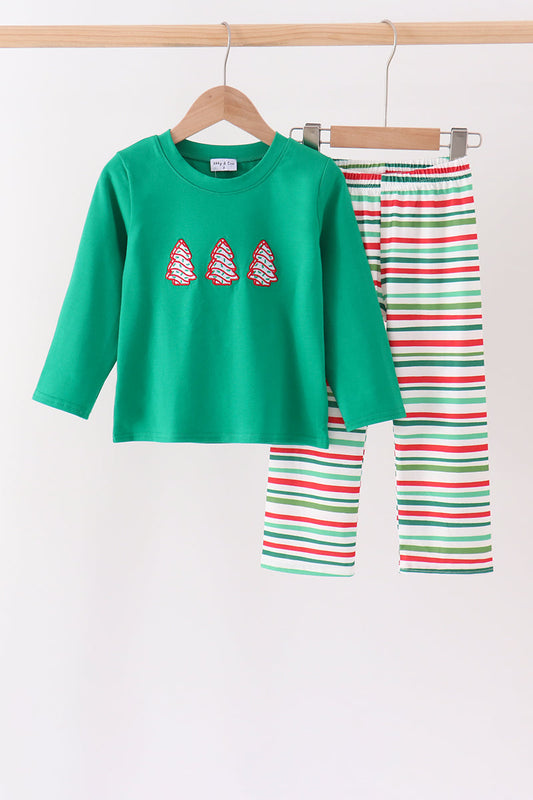 Green christmas tree applique stripe pants set