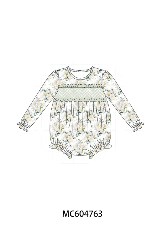 Sage floral smocked ruffle bubble