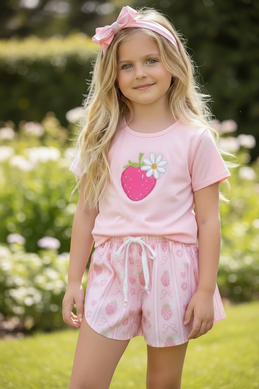 Strawberry applique T-shirt & girls flowy shorts. GSSO120202 JEA