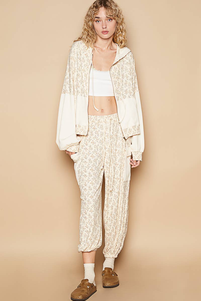 Floral print adjustable waist band jogger pants
